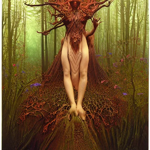 Image similar to forest spirit queen of jupiter by zdzisław beksinski, iris van herpen, raymond swanland, craig mullins and alphonse mucha. highly detailed, hyper - real, beautiful