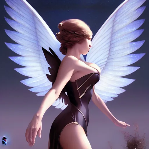 Prompt: 3 / 4 view of a woman with wings, pixie character, genshin impact, fantasy magic, dark light night, intricate, elegant, sharp focus, illustration, highly detailed, concept art, matte, anime, trending on artstation,, by greg rutkowski, gil elvgren, earl moran, enoch bolles, anime, maxim magazine h 6 4 0