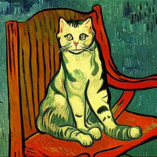 Image similar to cat sitting in a chair. oil painting by vincent van gogh.