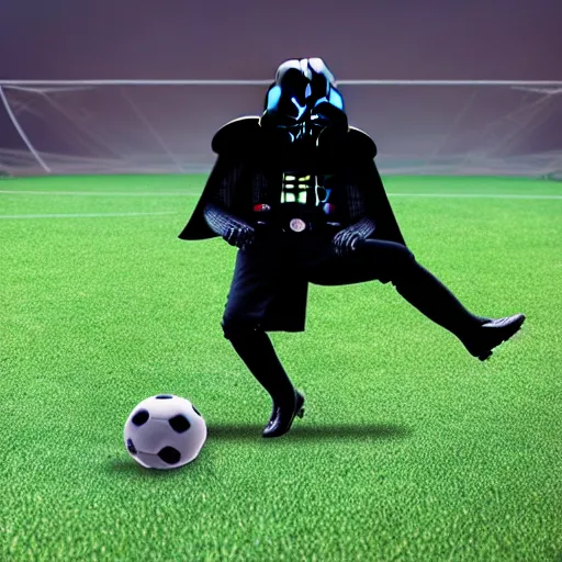 Image similar to a game of soccer with darth vader kicking the ball, highly detailed, extremely high quality, hd, 4 k, 8 k, canon 3 0 0 mm, professional photographer, 4 0 mp, lifelike, top - rated, award winning, realistic, detailed lighting, detailed shadows, sharp, no blur, edited, corrected, trending