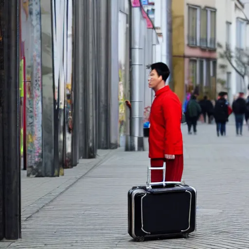 Prompt: A photograph of a Chinese person with a suitcase standing on the street in Kassel, Germany