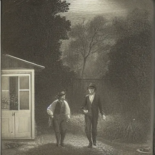 Prompt: Two men in a garden at night walking towards a small wooden garden shed, mystery