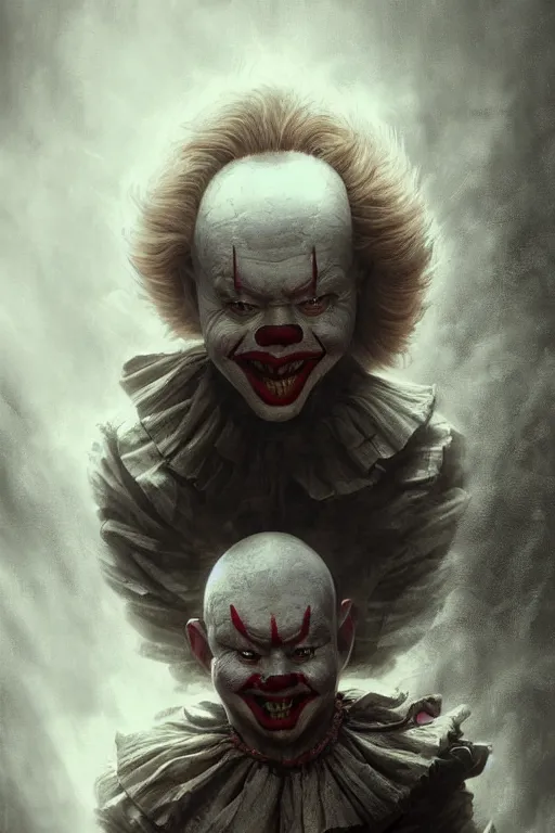 Image similar to realistic portrait beautiful detailed matte painting of cinematic movie scene jet li mutate into pennywise horror, created by gustave dore and greg rutkowski, high detailed, smooth draw, synthwave neon retro, intricate, realistic proportions, dramatic lighting, trending on artstation.