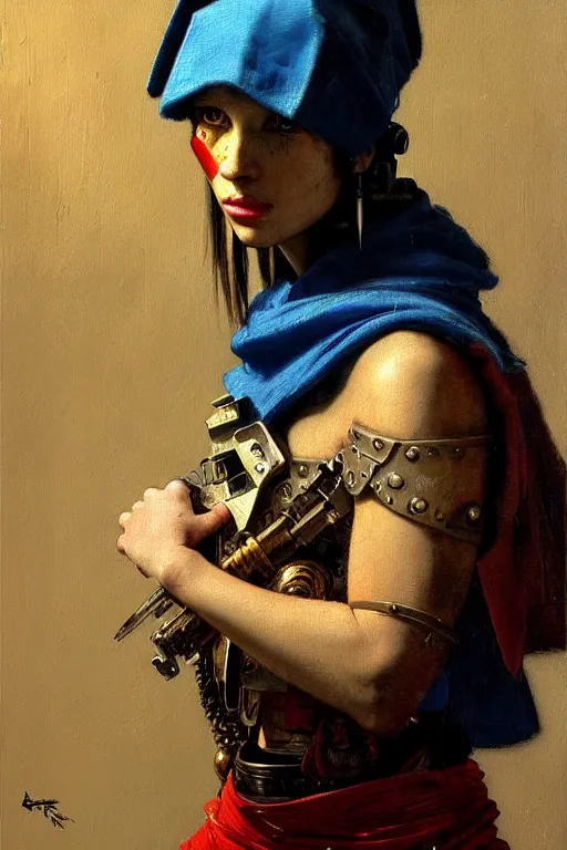 Image similar to full character portrait max mad cyberpunk warhammer 4 0 k, tech priest not the girl with the pearl earring character design, painting by gaston bussiere, katsuya terada, wyeth, greg rutkowski, craig mullins, ( ( ( ( ( vermeer ) ) ) ) ), frank frazetta, mucha, tom of finland, trending on artstation