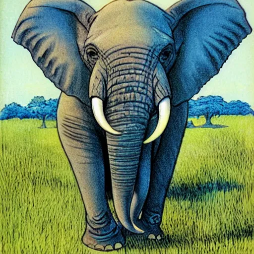 Prompt: Portrait of an elephant on a green meadow, Book for elementary school students, style Franklin Booth