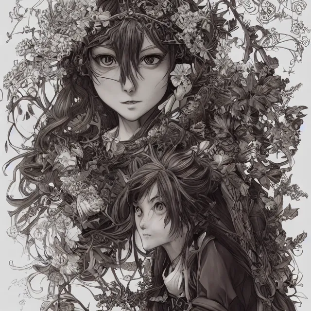 Image similar to the portrait of chaotic good female druid botanist as absurdly beautiful, gorgeous, elegant, young anime girl, an ultrafine hyperdetailed illustration by kim jung gi, irakli nadar, intricate linework, sharp focus, bright colors, octopath traveler, final fantasy, unreal engine 5 highly rendered, global illumination, radiant light, detailed and intricate environment