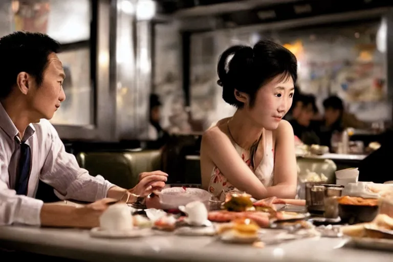 Image similar to movie interior closeup beautiful Asian couple closeup sitting at 50s diner, night in the city, beautiful skin, by Emmanuel Lubezki