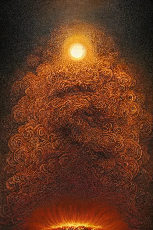 Image similar to Intricate stunning highly detailed sentient hot dog by agostino arrivabene and Vladimir Kush, surreal, digital painting, ultra realistic, Horror vacui, dramatic lighting, full moon, thick black swirling smoke tornado, burning fire embers, artstation