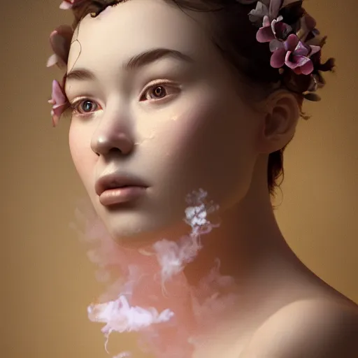 Prompt: of a portrait of a girl simulated by smoke and flowers,hyper realistic,cinematic lighting,cinematic lighting ,hyper realistic,inspired by rococo ,baroque,highly detailed ,octane render,8k render, matte painting, concept art, hdri, 4k -