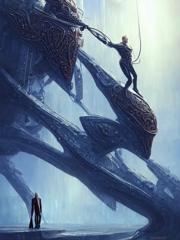 Image similar to a person looking like vladimir putin riding giant steel krab, masterpiece, intricate, elegant futuristic wardrobe, highly detailed, digital painting, artstation, concept art, crepuscular rays, smooth, sharp focus, illustration, background galaxy, cyberpunk colors, volumetric lighting, art by artgerm and james jean and nick sullo