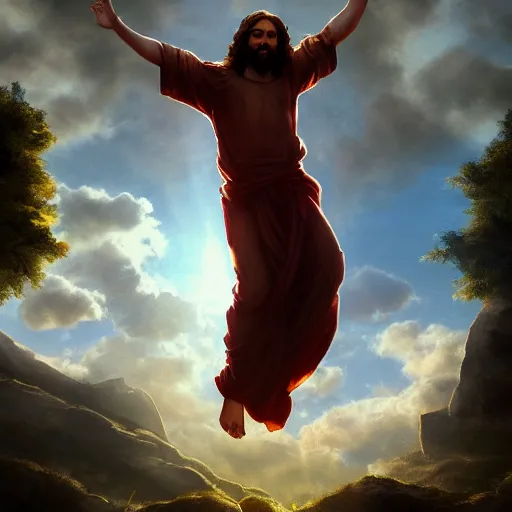 Prompt: Jesus ascending into heaven, beautiful landscape, dramatic lighting, cinematic, establishing shot, extremly high detail, cinematic lighting, post processed, concept art, artstation, matte painting, style by Michelangelo