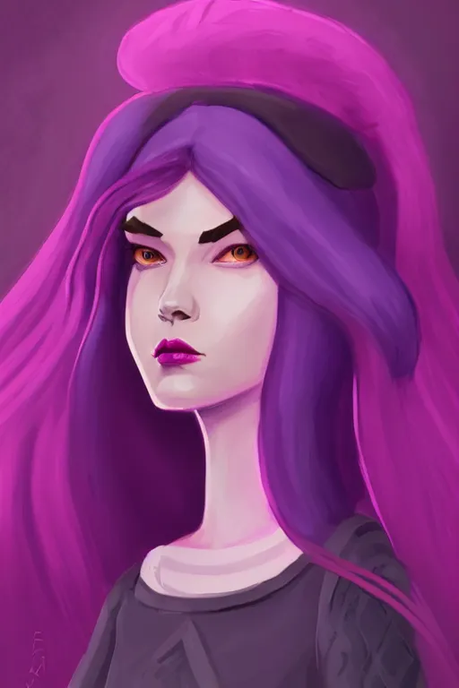 Prompt: a portrait of humanization of princess purple from adventure time, grim - lighting, high - contrast, intricate, elegant, highly detailed, digital painting, artstation, concept art, smooth, sharp focus, illustration