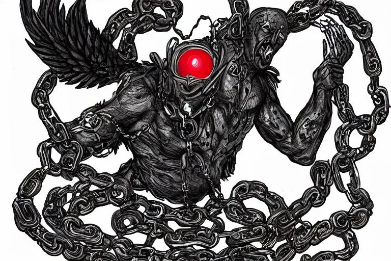 Prompt: lucifer, dark angel, hybrid human with snake, red eyes, chain, handcuffs, large chain, wide open mouth, scream, cruelty, sea bottom, light effect, hyper detailed