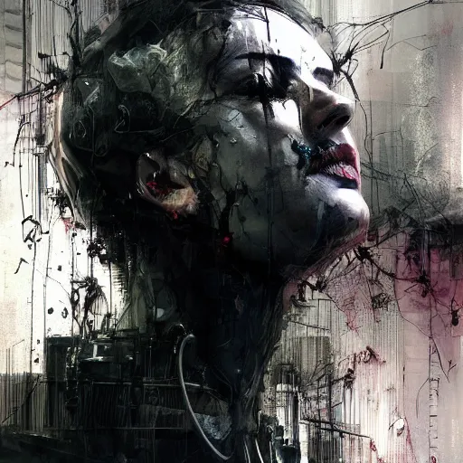 Image similar to screaming cyberpunk, wires, machines by emil melmoth zdzislaw belsinki craig mullins yoji shinkawa realistic render ominous detailed photo atmospheric by jeremy mann francis bacon and agnes cecile ink drips paint smears digital glitches glitchart