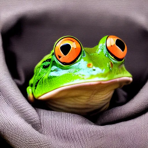 Image similar to a picture of a funny frog peeking out of a jacket pocket, 4K