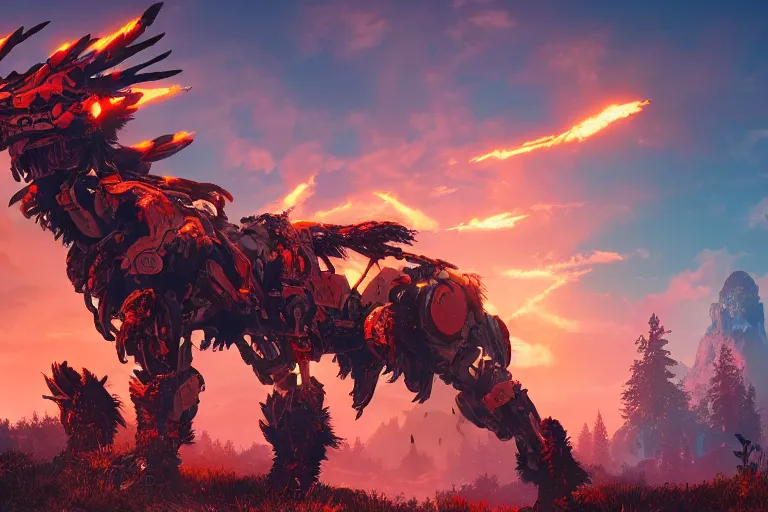 Image similar to fireclaw machine creature robot of horizon forbidden west horizon zero dawn radiating a glowing aura global illumination ray tracing hdr fanart arstation by ian pesty and alena aenami artworks in 4 k