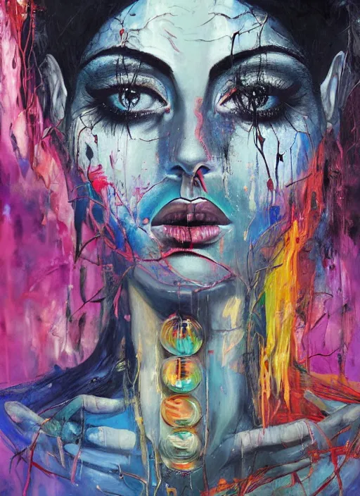 Image similar to enlightened magic cult psychic woman, painted face, third eye, energetic consciousness psychedelic, epic surrealism expressionism symbolism, story telling, iconic, dark robed, oil painting, symmetrical face, dark myth mythos, by sandra chevrier, joan mitchell masterpiece