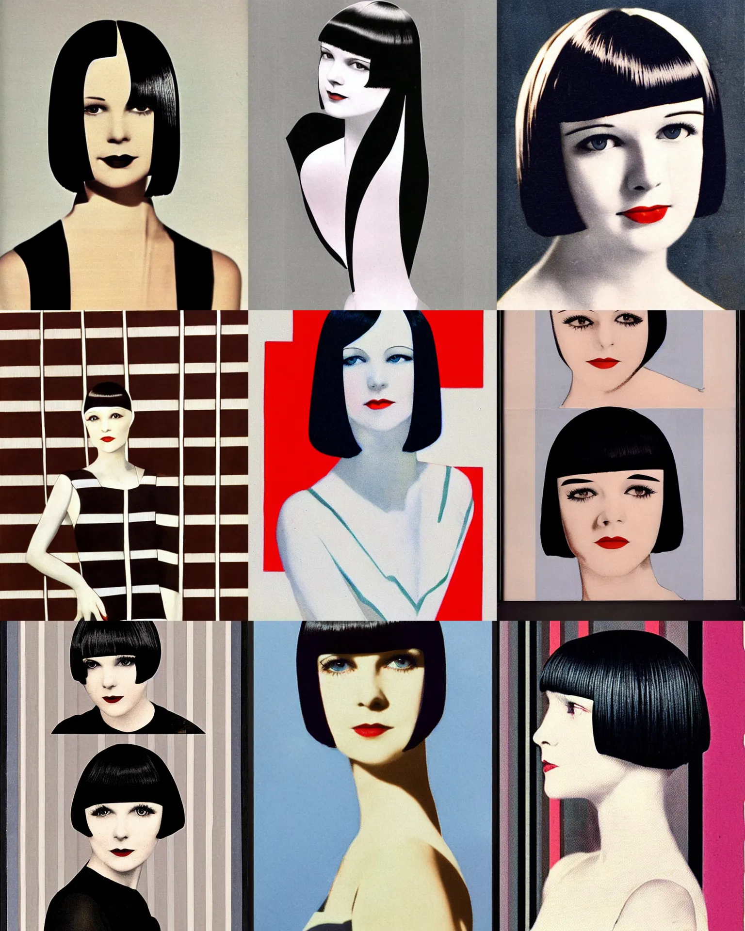 Prompt: mary louise brooks 2 0 years old, bob haircut, pantone marker portrait, 1 9 2 0 s, straight lines, art deco stripe pattern, right angles