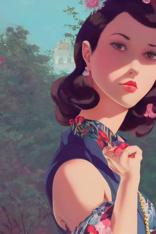 Image similar to portrait of a beautiful girl with dark hair dressed in 1940's fashion, park background, rich vivid colors, ambient lighting, dynamic lighting, 4k, official media, anime key visual, makoto shinkai, ilya kuvshinov, lois van baarle, rossdraws, detailed, trending on artstation