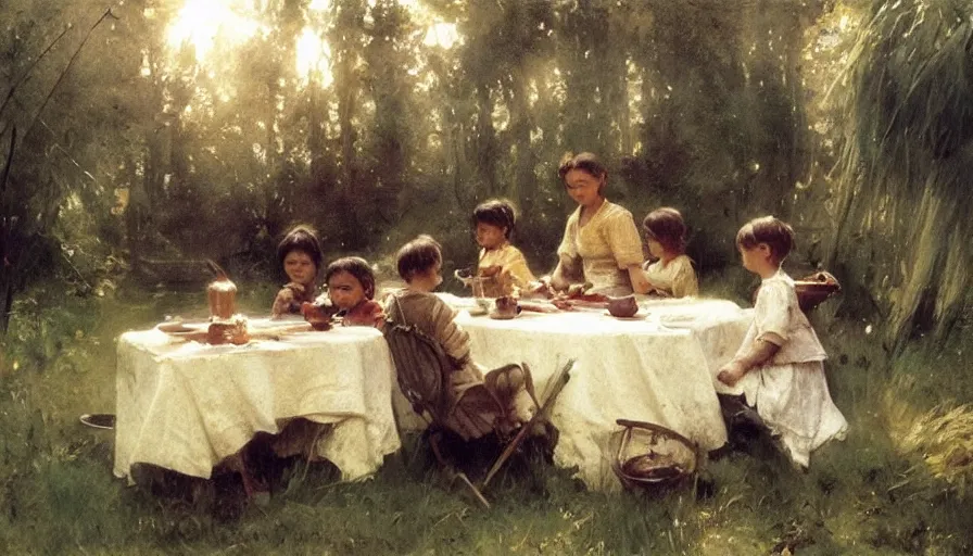 Image similar to simple villager and children about to eat a meal together, art by anders zorn, wonderful masterpiece by greg rutkowski, beautiful cinematic light, american romanticism thomas lawrence, greg rutkowski