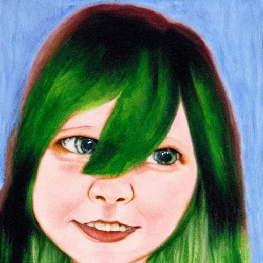 Image similar to portrait of missy, a young girl with long dark hair, green eyes and green hair