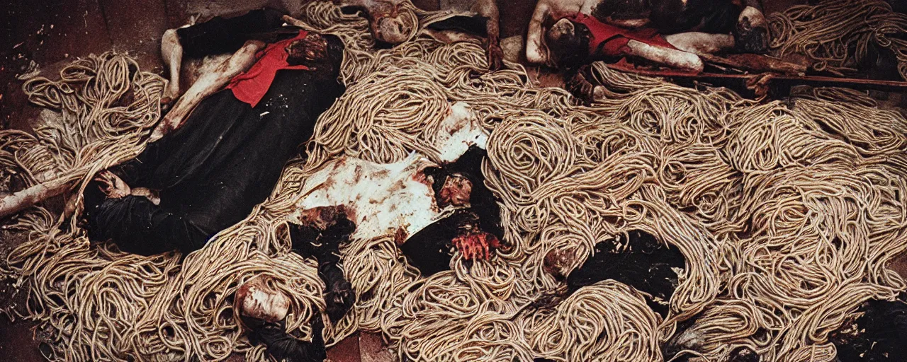 Prompt: the black death in the middle ages, dead bodies next to spaghetti, canon 5 0 mm, wes anderson film, kodachrome, retro