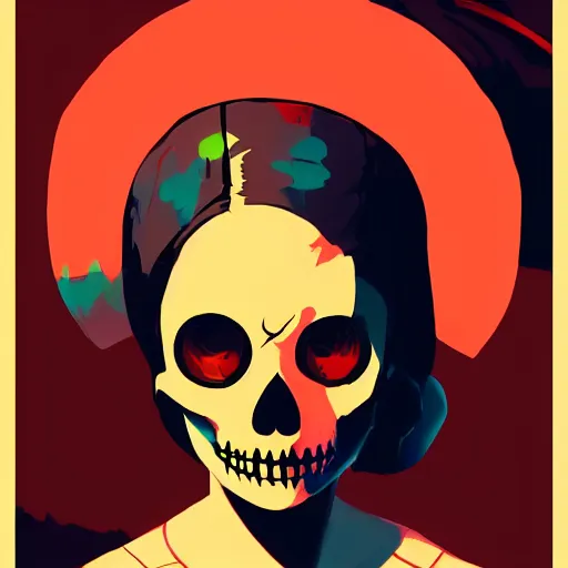 Prompt: a portrait of a girl skull face, in the style of jeff koons, banksy, atey ghailan and mike mignola, vibrant colors and hard shadows and strong rim light, disney, comic cover art, trending on artstation