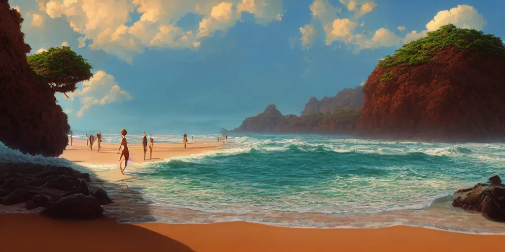 Prompt: a beach, highly detailed oil painting, unreal 5 render, rhads, Bruce Pennington, Studio Ghibli, tim hildebrandt, digital art, octane render, beautiful composition, award-winning photograph, masterpiece