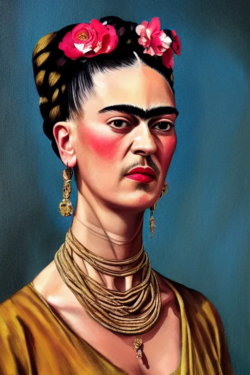 Image similar to portrait of frida kahlo wearing high fashion, staring directly into camera, intricate, elegant, glowing lights, highly detailed, digital painting, artstation, sharp focus, illustration, art by wlop, mars ravelo and greg rutkowski