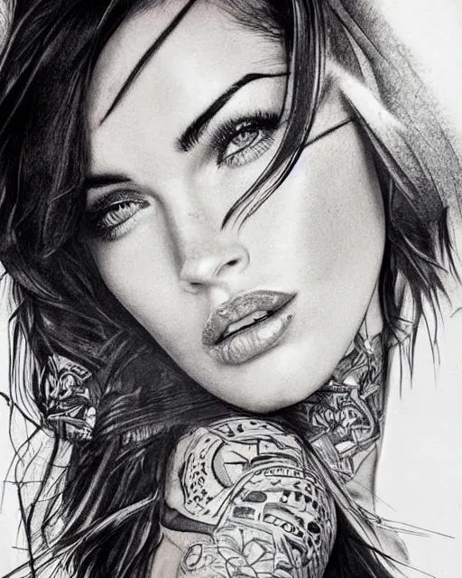 Image similar to realism tattoo design sketch of megan fox portrait blended with beautiful mountain scenery, in the style of dan mountford, double exposure photography, hyper realistic, amazing detail, black and white