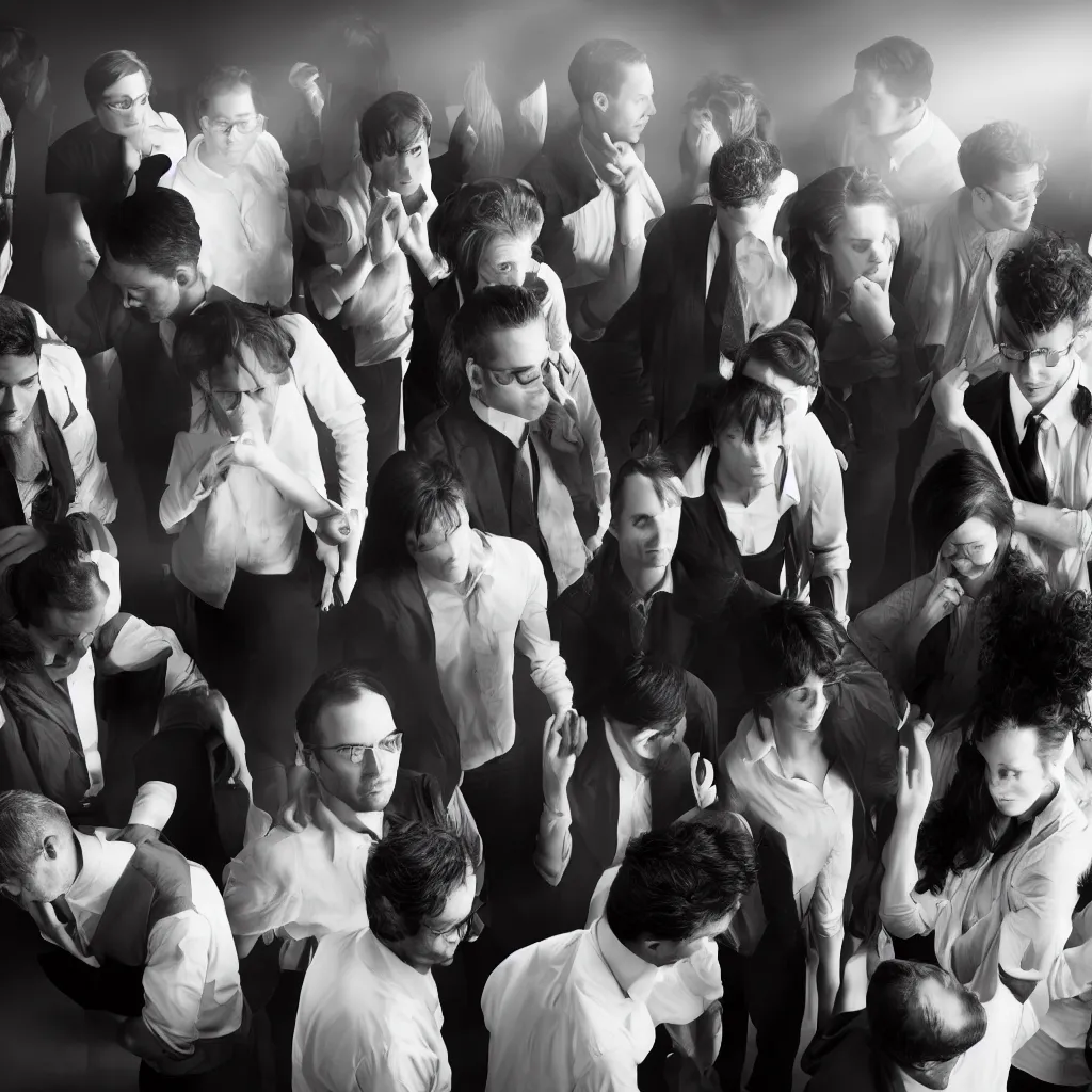 Prompt: A group of men and women meet in a dark and smoky office, they have their heads down, dramatic light, corporate portrait, sigma 85mm, f 1/4, ultra detailed