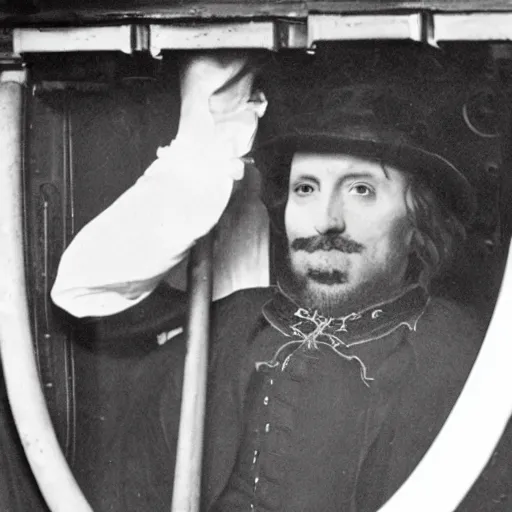 Prompt: photo of shakespeare riding the tube