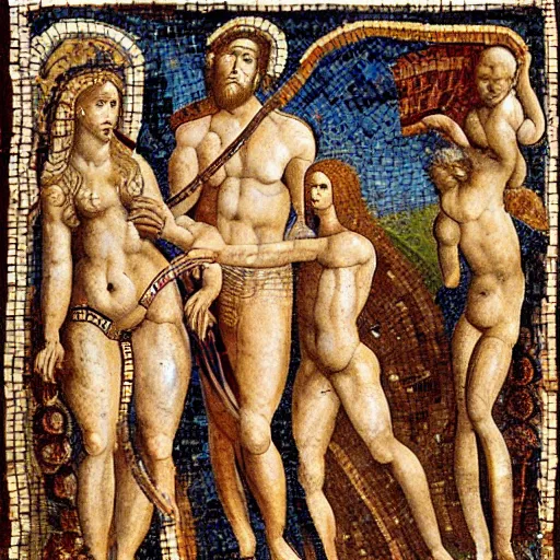 Image similar to a beautiful roman mosaic of adam, eve and the serpent by leonardo da vinci, rome, 1 5 0 0 ad