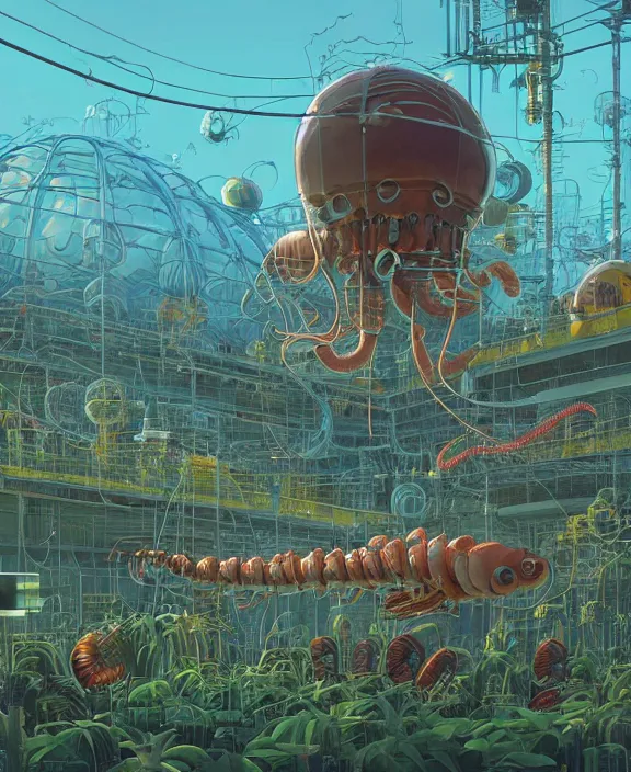 Image similar to inflated industrial plant made from isopod lobster octopus, in the style of puffy spaceship, overgrown with orchids, partly cloudy, spooky, dramatic lighting, by geof darrow, bill sienkiewicz, dan mumford, yusuke murata, makoto shinkai, ross tran, cinematic, unreal engine, cel shaded, featured on artstation, pixiv