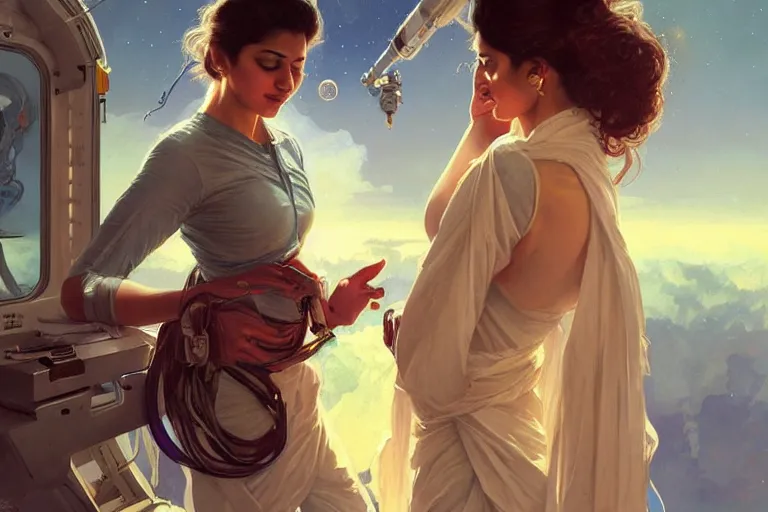 Image similar to Sensual good looking pale young Indian doctors wearing jeans partying in a space station above Earth performing surgery, portrait, elegant, intricate, digital painting, artstation, concept art, smooth, sharp focus, illustration, art by artgerm and greg rutkowski and alphonse mucha