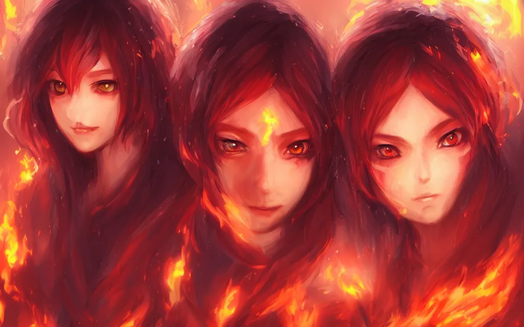 Image similar to A realistic anime portrait of a beautiful fire spirit twins with glowing red eyes and firey skin wearing clothes made of flames, digital painting, by Stanley Artgerm Lau, Sakimichan, WLOP and Rossdraws, digtial painting, trending on ArtStation, SFW version