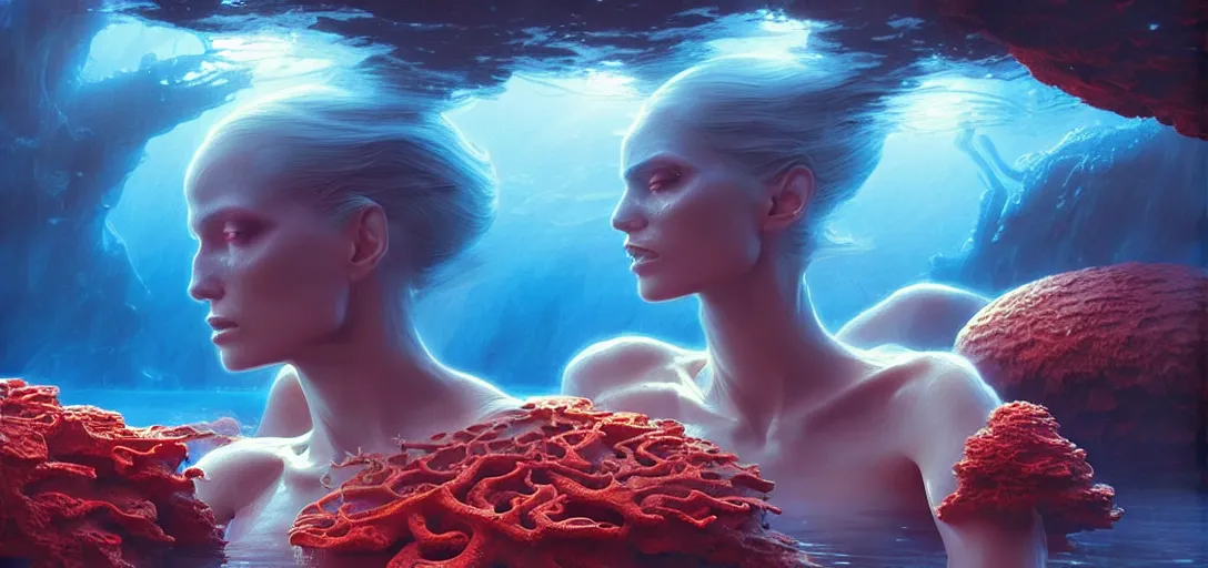 Prompt: beautiful alien women bathing in luminous water in the style of roger dean and stefan kostic, realistic, photoreal, sharp focus, 8 k high definition, insanely detailed, intricate, elegant, art by greg rutkowski and artgerm, extreme blur coral reef background