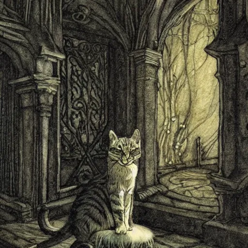 Image similar to cat from the void, illustrations by irish fairy tales james stephens arthur rackham, fairy tale illustrations, colour, top cinematic lighting , cinematic mood, very detailed, shot in canon,