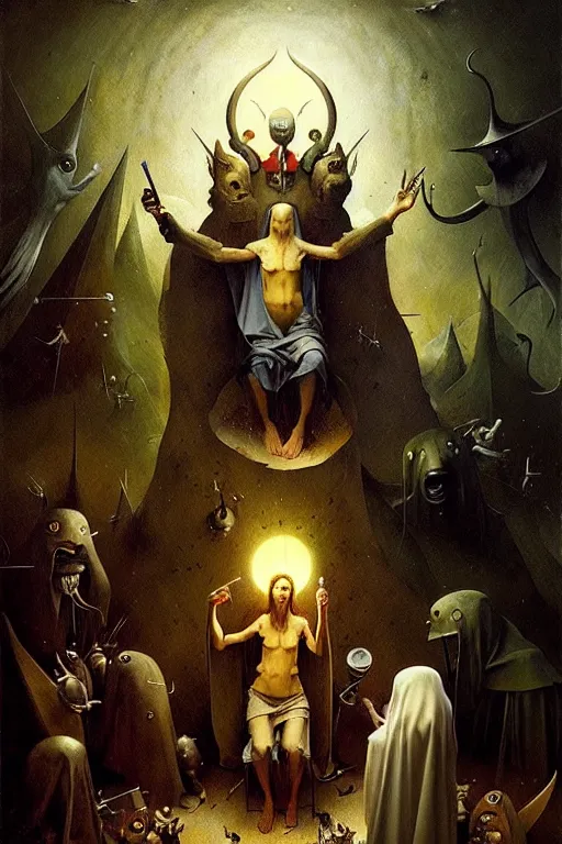 Image similar to hieronymus bosch, greg rutkowski, anna podedworna, painting of god using a cellphone