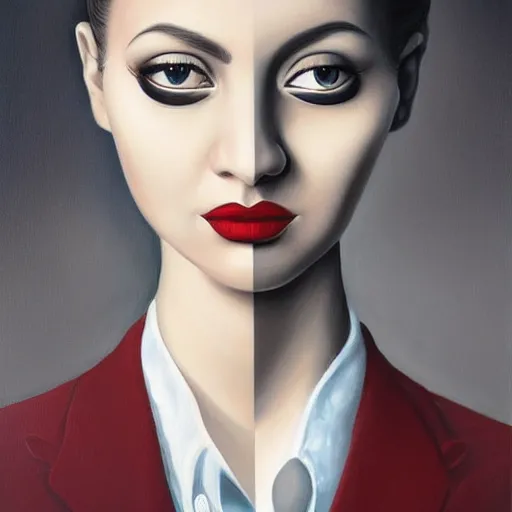 Image similar to a painting of a stylish person in the present, an ultrafine detailed painting by rafal olbinski, behance contest winner, pop surrealism, detailed painting, very detailed, minimalist, skeuomorphic, airbrush art