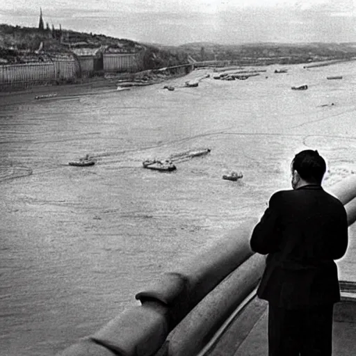 Prompt: leader of fascist hungary, viktor orban, overseeing the war torn city on the bank of danube river in budapest during the siege 1 9 4 5, by edward hopper