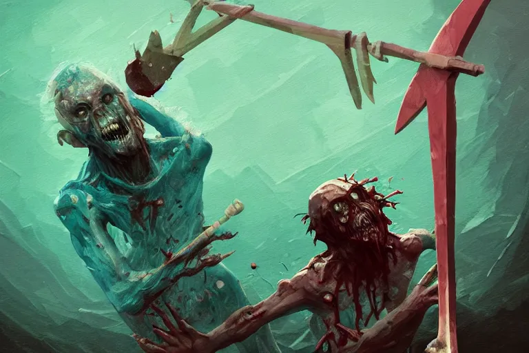 Image similar to low poly painting by greg rutkowski of a drowned zombie holding a trident with glowing cyan eyes, wearing ragged clothing, holding a trident, underwater, pastel green and blue color palette