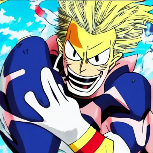 Image similar to all might from my hero academia anime holding a frog