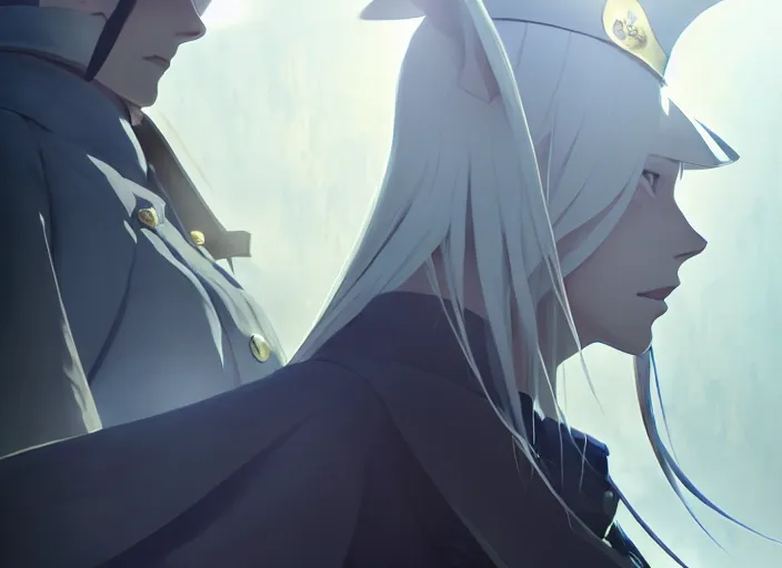 Prompt: side portrait of lady maria, helm of second world war warship in background, illustration concept art anime key visual trending pixiv fanbox by wlop and greg rutkowski and makoto shinkai and studio ghibli and kyoto animation, symmetrical facial features, astral witch clothes, modern warfare, realistic anatomy, gapmoe yandere grimdark, volumetric lighting, backlit