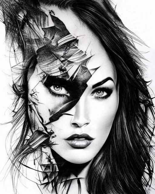 Image similar to tattoo sketch of megan fox face mash up with beautiful mountains, in the style of dan mountford, double exposure, hyper realistic, amazing detail, black and white