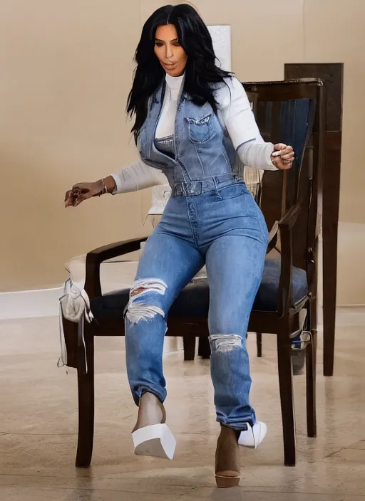 Image similar to a film still of kim kardashian tied to a chair, mouth taped, hands cuffed, outfit : jeans and white vest