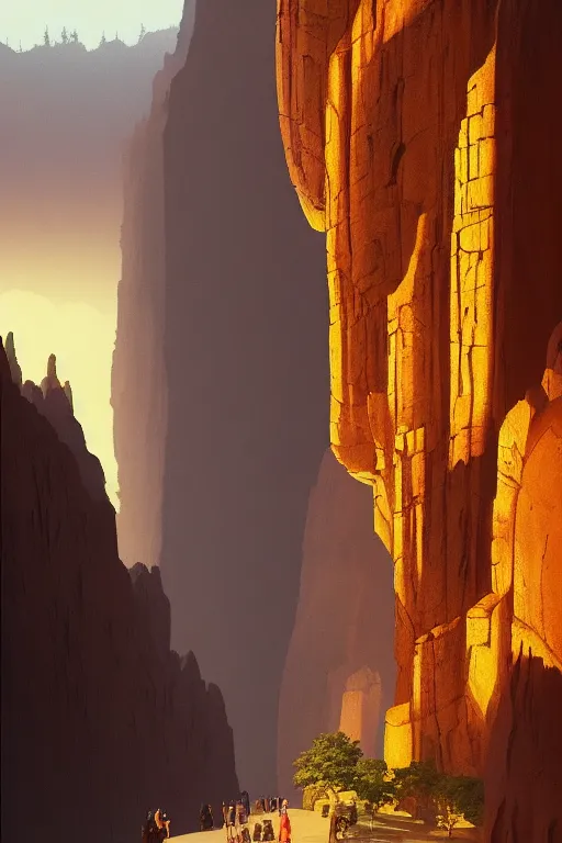 Image similar to monks walking through canyon to ancient temple glowing yellow, carved into cliff, light streaks in the sky, eclipse, dramatic lighting, artstation, matte painting, ralph mcquarrie, simon stalenhag