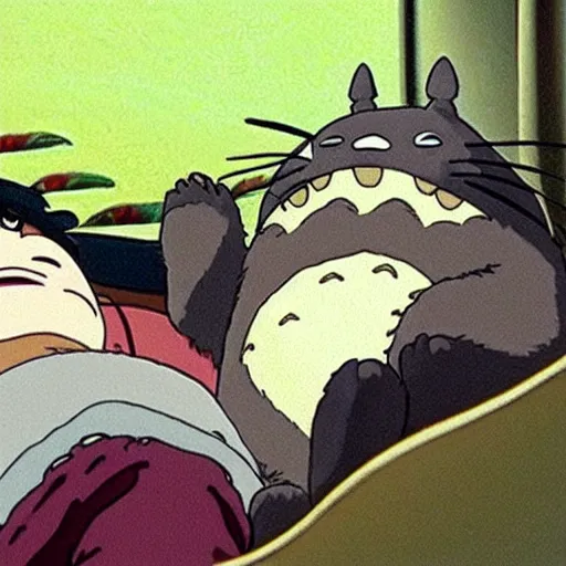 Image similar to totoro and larry david sleeping, ghibli film