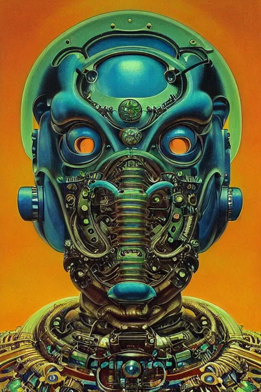 Prompt: retro boxy robot, lcd mouth, crusty, glowing blue green eyes, detailed realistic surreal groovypunk robot in full regal attire. face portrait. art nouveau, symbolist, visionary, baroque, giant fractal details. horizontal symmetry by zdzisław beksinski, gears, alphonse mucha. highly detailed, hyper - real, beautiful