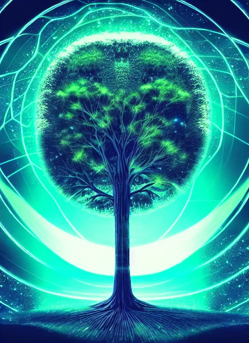 Image similar to high depth, collective civilization tree, calm, healing, resting, life, hybrids, scifi, glowing lights, published concept art, mixed medias, image overlays, sharp focus, winning illustration, eyes reflecting into eyes into infinity, singularity!!!, 3 6 0 projection, art in the style of all